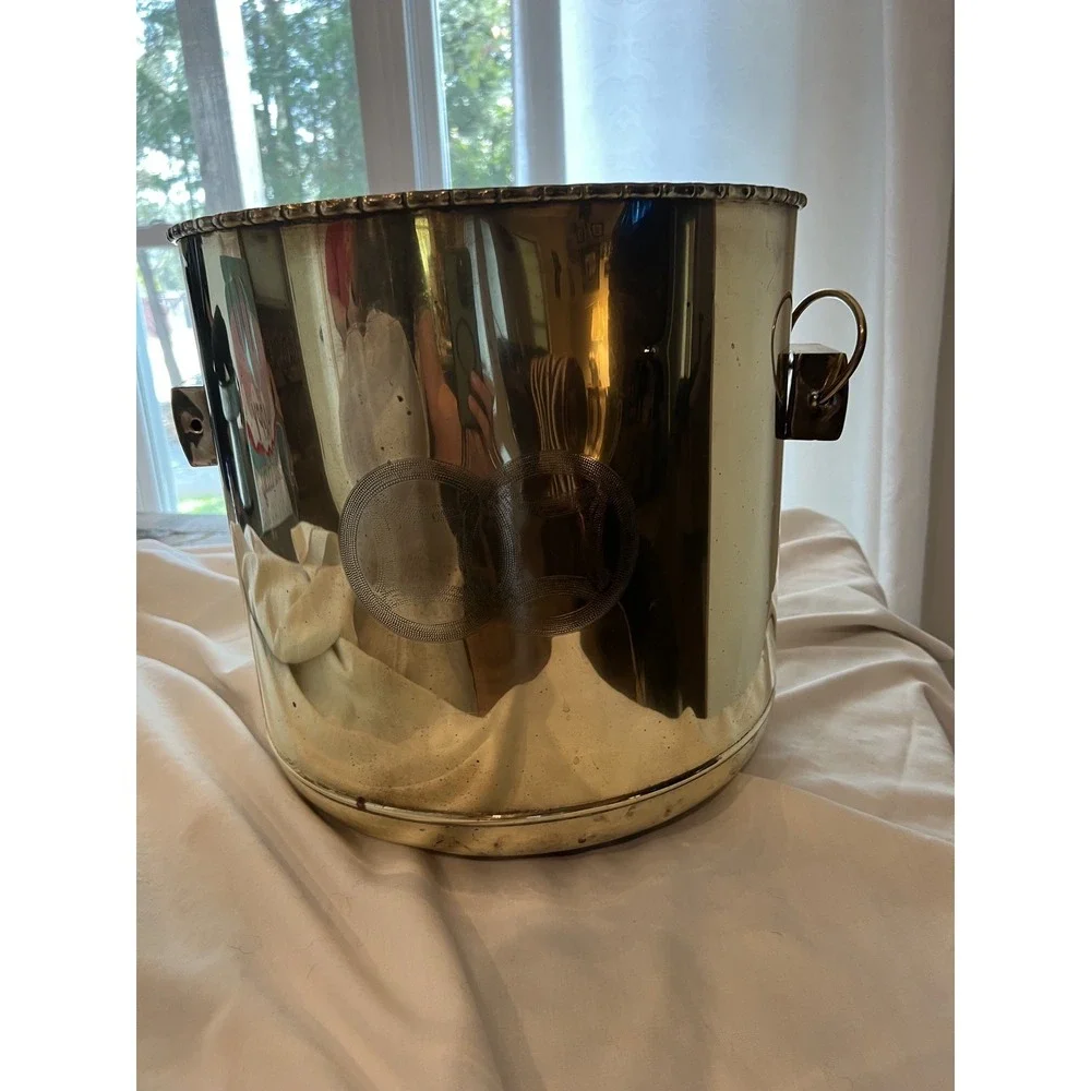 Large Chinese Solid Brass Planter w Asian Double Coin Etching & Ring Handles VTG